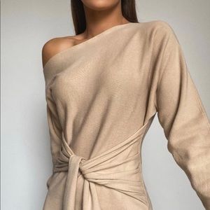 Runaway Beige Off-Shoulder Midi Dress with Tie